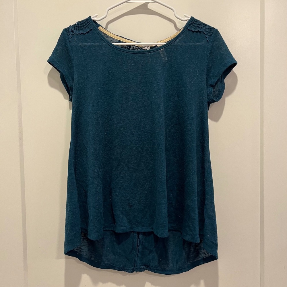 Xhilaration Teal Blue Crochet Lace Back Lace Up High Low Knit Top Womens Medium